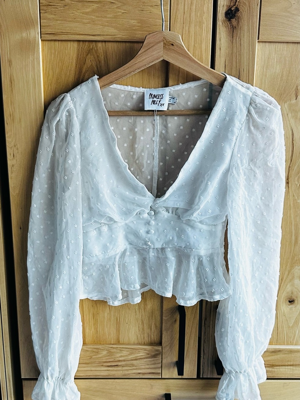Princess Polly Ivory Swiss Dot V-Neck Puff Sleeve Blouse